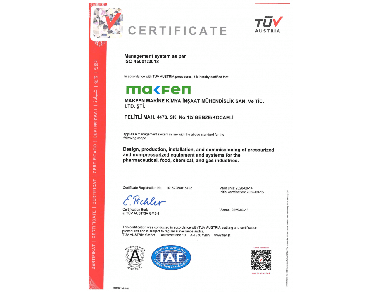 Our ISO 45001 Occupational Health and Safety Management System certification demonstrates our commitment to ensuring safe working conditions and preventing