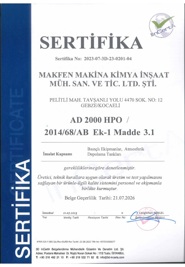 Bu belge, tasarım, imalat ve test süreçlerimizin uluslararası basınçlı ekipman standartlarına uygunluğunu göstermektedir.