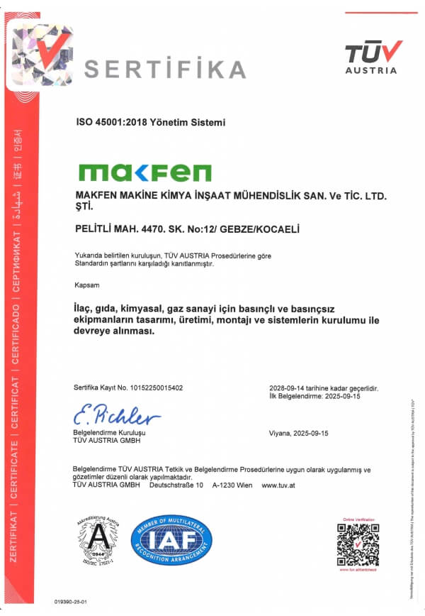 ISO 45001 İş Sağlığı ve Güvenliği Yönetim Sistemi belgemiz, güvenli çalışma koşullarını sağlama ve iş kazalarını önleme konusundaki kararlılığımızı kanıtlamaktadır.